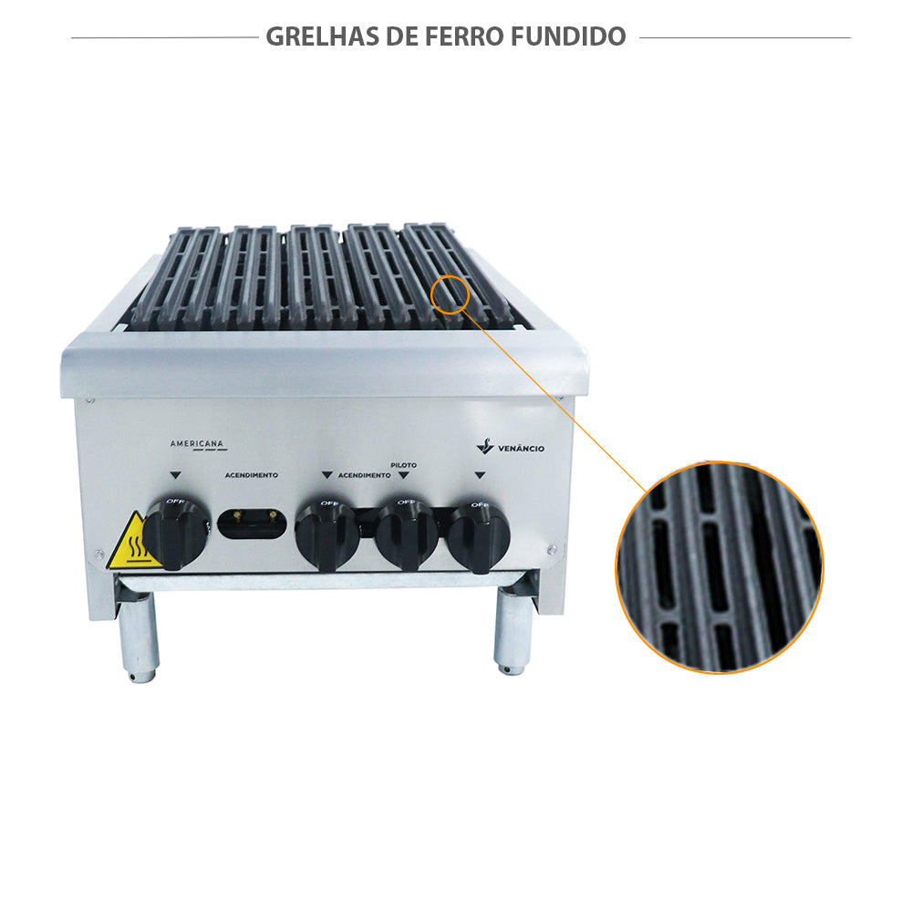 Grelhas em ferro fundido da chapa charbroiler Venâncio CGG45, garantindo durabilidade e marcação perfeita em grelhados