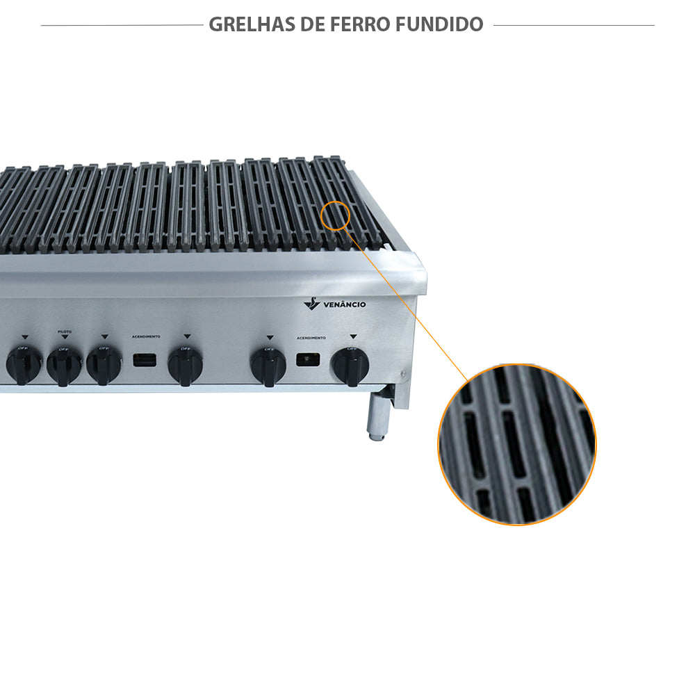 Grelhas em ferro fundido de alta espessura da chapa charbroiler Venâncio CGG90, para durabilidade e cocção perfeita de carnes e vegetais