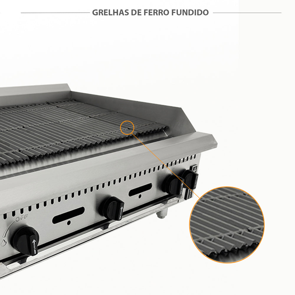 Grelhas de ferro fundido da chapa grill char broiler Venâncio PCG090G, para grelhados perfeitos em food trucks e cozinhas profissionais