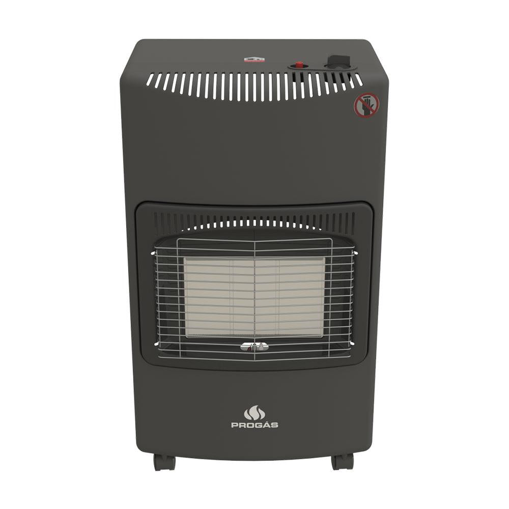 Aquecedor portátil a gás Progás com design compacto, gabinete em aço e grade cromada de segurança.