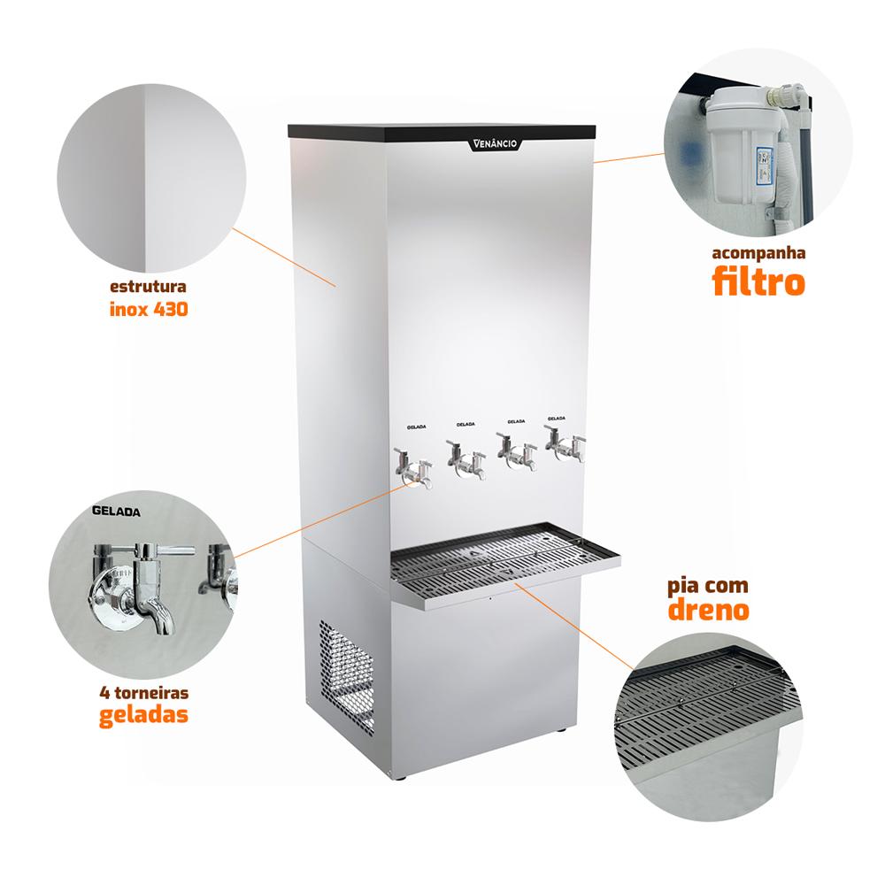 Bebedouro de coluna industrial 200L em aço inox com dreno e filtro
