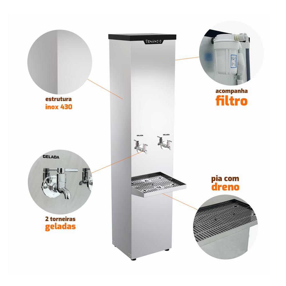 Bebedouro industrial inox com 2 torneiras geladas para uso em empresas e ambientes comerciais.
