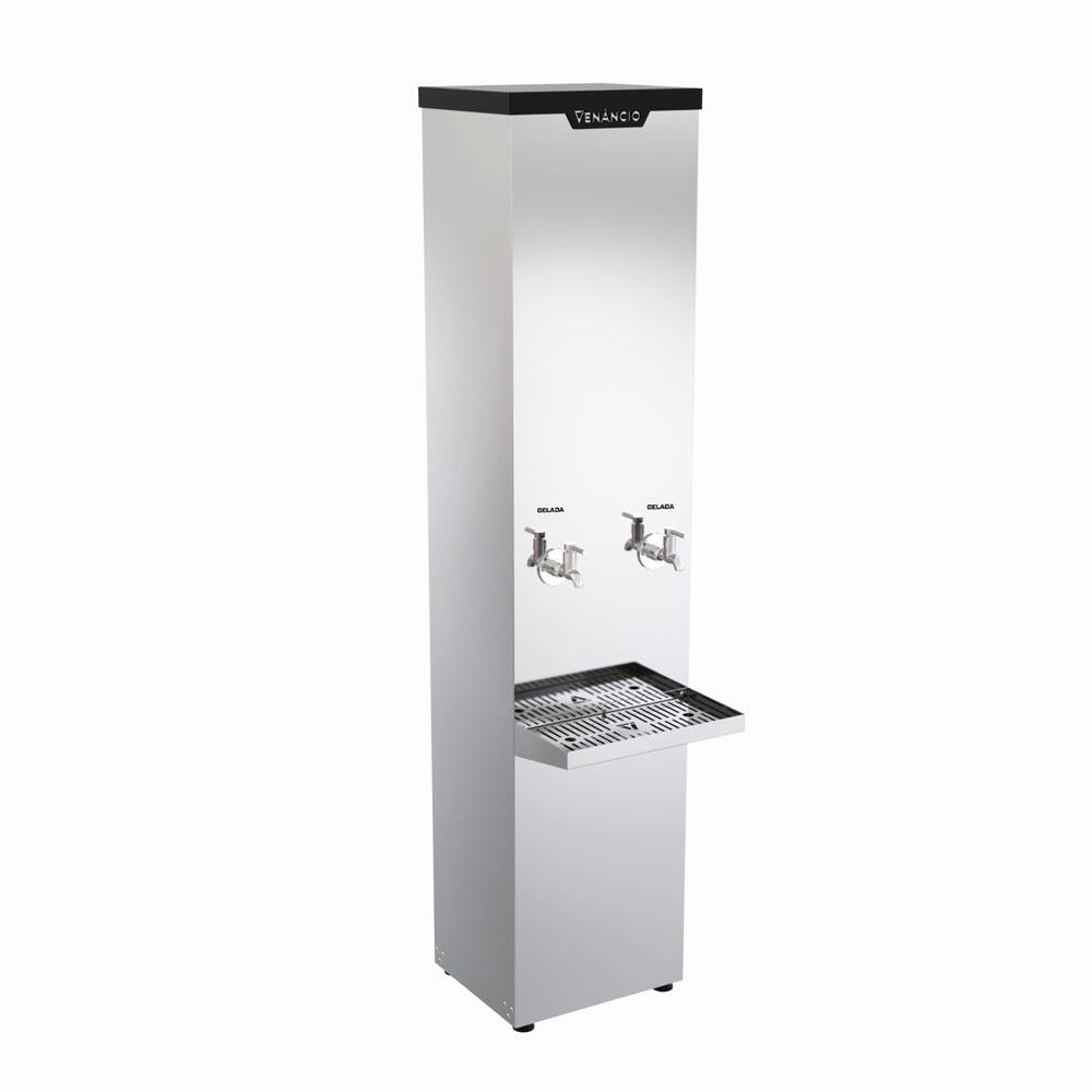 Bebedouro inox coluna 50 litros com duas torneiras e alta eficiência para ambientes corporativos.