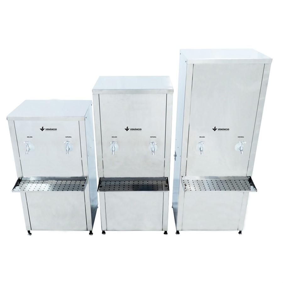 Bebedouro refrigerado inox Venâncio com 2 torneiras para água gelada.