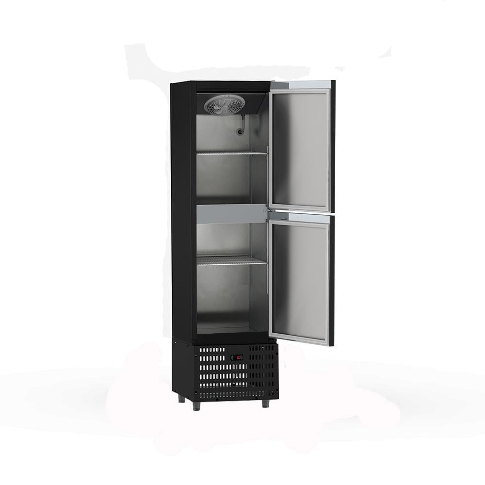 Mini câmara frigorífica Refrimate preta com duas portas e puxadores angulados.