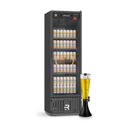 Cervejeira com torre de chopp 400L Refrimate com porta de vidro e chopeira embutida