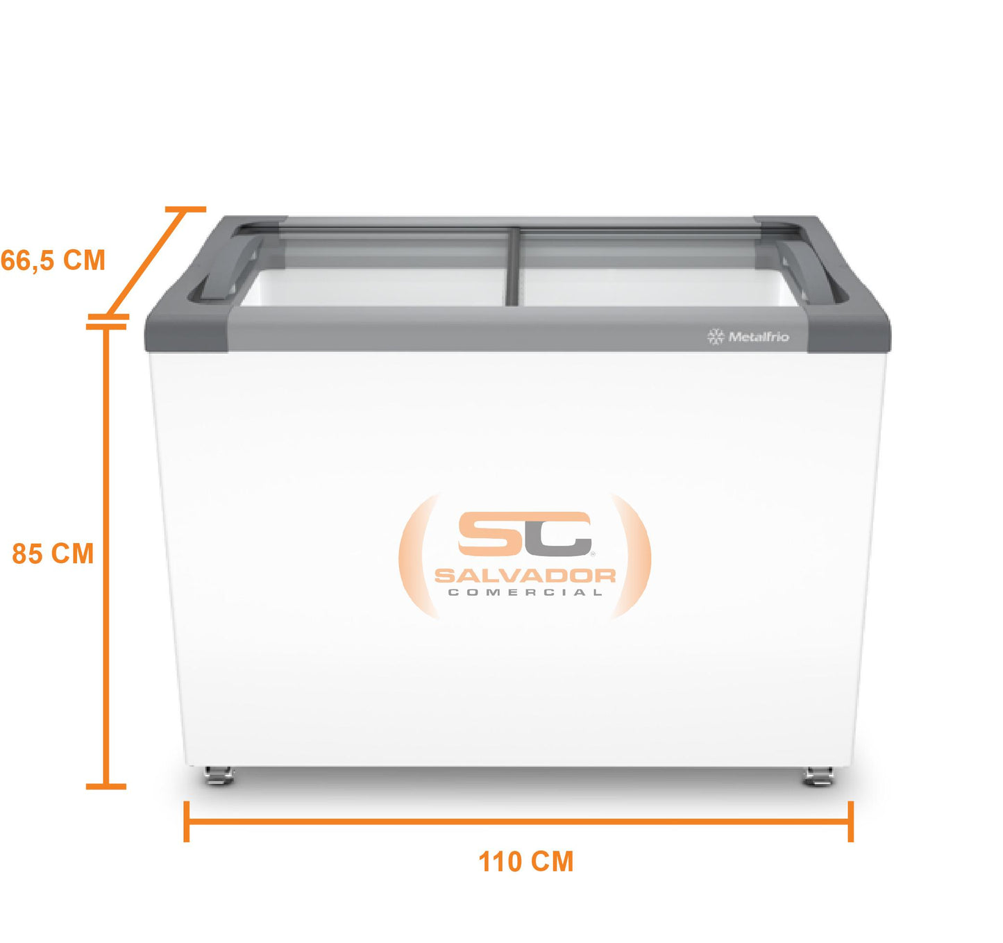 Interior do congelador horizontal comercial Metalfrio, com visibilidade clara para produtos como sorvetes e alimentos.