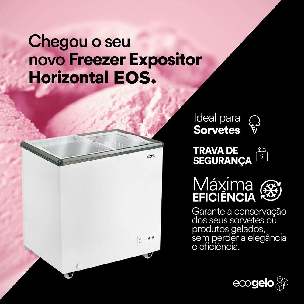 Foto frontal do Freezer EOS com a tampa de vidro aberta, evidenciando o gás ecológico R600a e a iluminação interna.