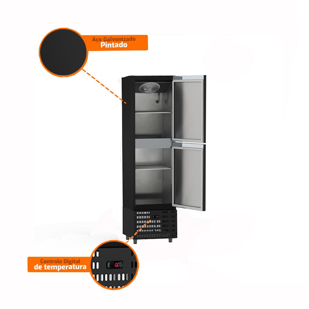 Expositor refrigerado preto Refrimate com duas portas e controlador digital de temperatura.