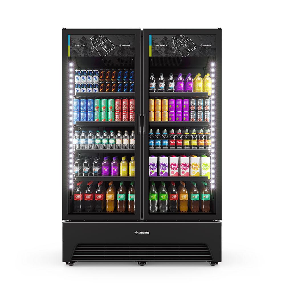 Expositor vertical para bebidas Metalfrio com duas portas de vidro e iluminação LED