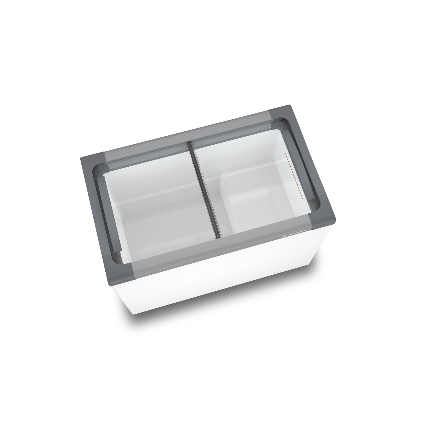 Freezer Metalfrio NF30S com tampa de vidro, mostrando seu design compacto e moderno com proteção UV na moldura.