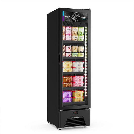 Freezer vertical sorvete Frost Free VF28 All Black Metalfrio na cor preta, ideal para armazenamento eficiente e moderno.