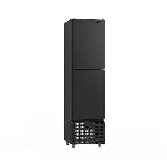 Imagem frontal da mini câmara resfriada preta 335 litros Refrimate com design moderno.