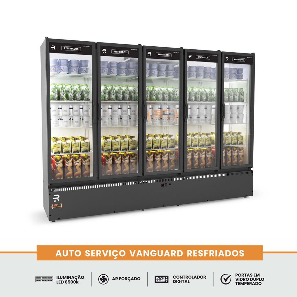 Refrigerador autosserviço 5 portas com gabinete preto e branco para exposição de frios e laticínios