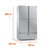 Vista frontal do refrigerador comercial 4 portas inox Refrimate 744L em destaque no site Salvador Comercial.