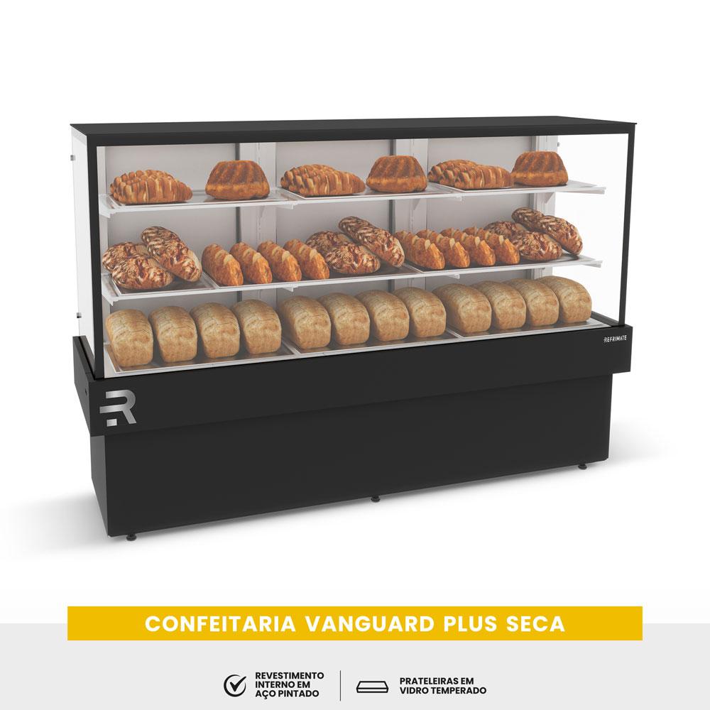 Balcão expositor seco para doces com prateleiras em vidro temperado e tampo aproveitável.