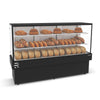 Balcão vitrine seca para confeitaria de 180cm com gabinete em aço galvanizado e iluminação LED.