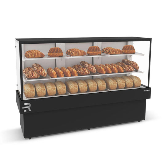 Balcão vitrine seca para confeitaria de 180cm com gabinete em aço galvanizado e iluminação LED.