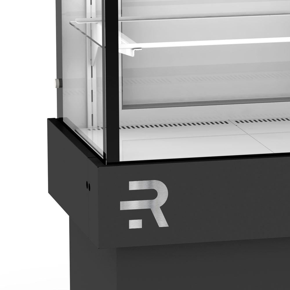 Expositor refrigerado para doces compacto com portas em aço galvanizado e pés reguláveis.