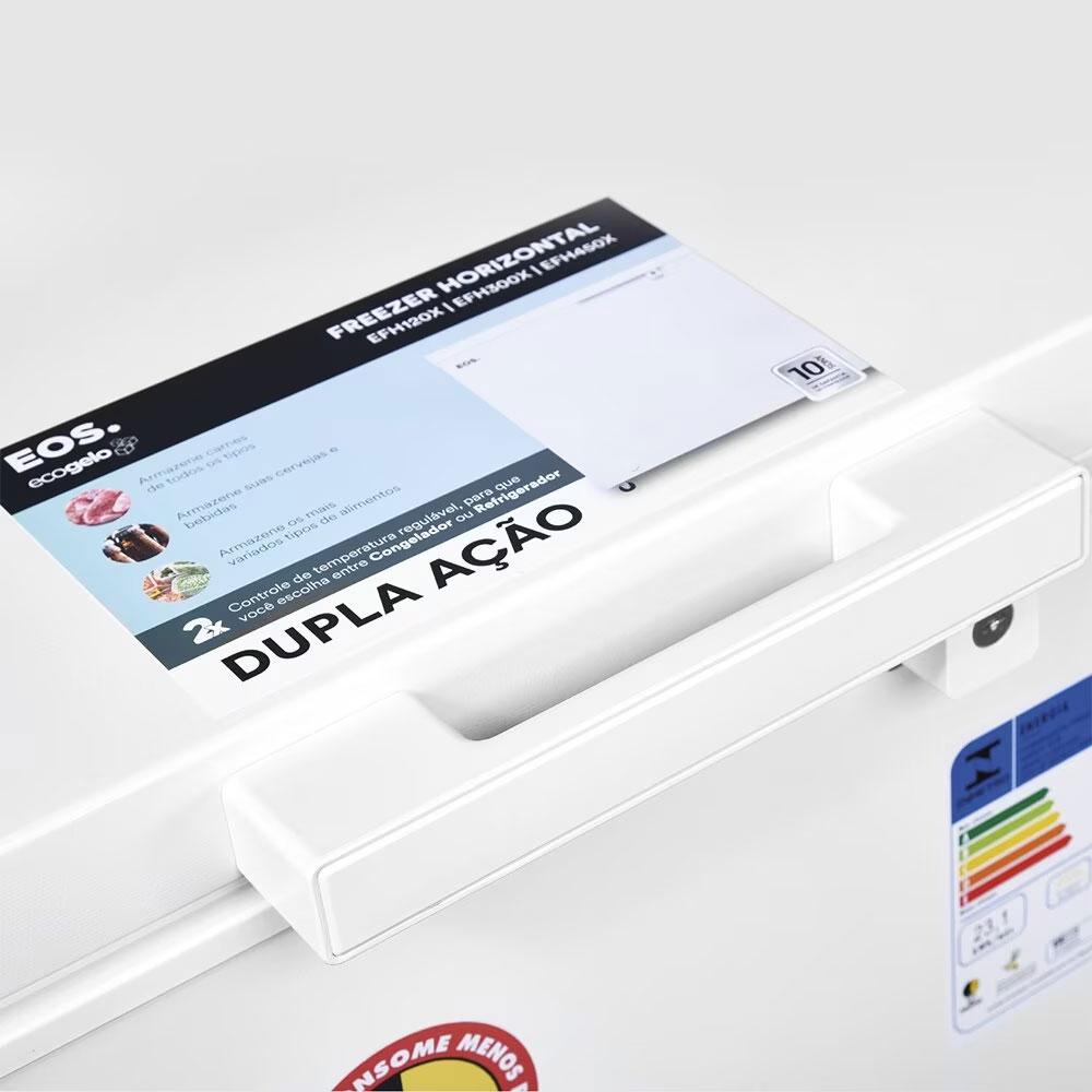 Freezer horizontal com dreno frontal para fácil degelo e maior praticidade no dia a dia.