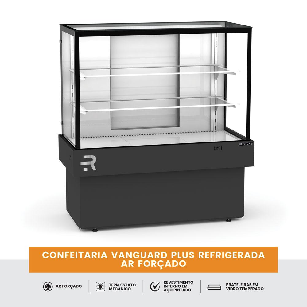 Vitrine refrigerada para bolos com iluminação LED e prateleiras em vidro temperado.