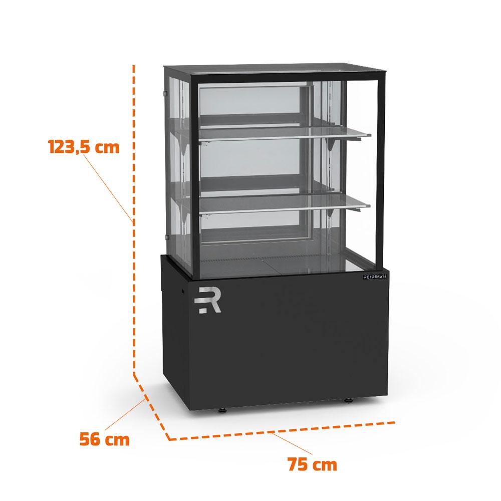 Vitrine refrigerada Refrimate CVTR 750 preta, design moderno e alta eficiência para conservação.

