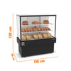 Vitrine seca para confeitaria compacta com iluminação LED para melhor exposição dos produtos.
