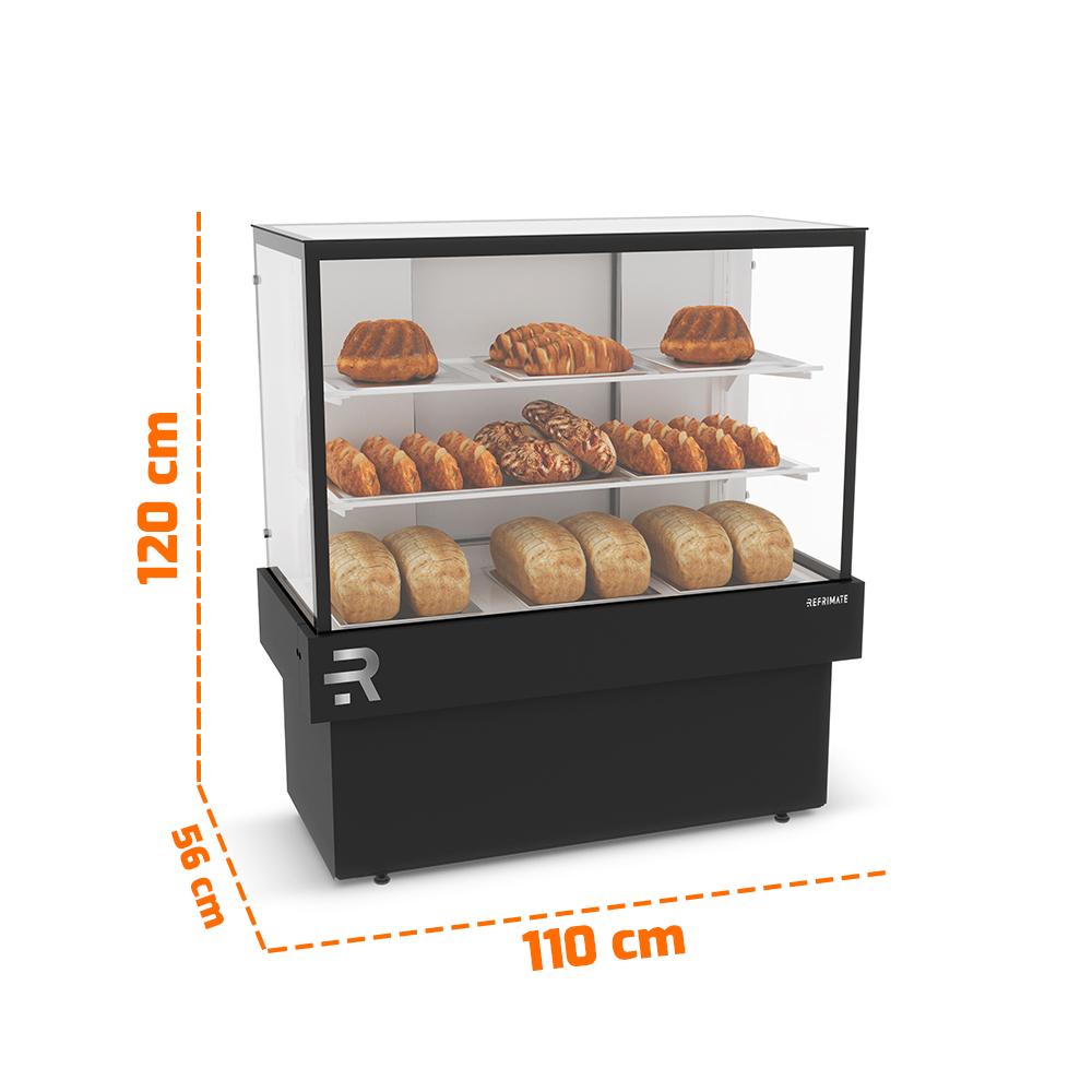 Vitrine seca para confeitaria compacta com iluminação LED para melhor exposição dos produtos.
