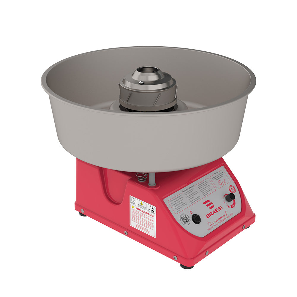 Equipamento profissional para algodão doce Braesi ADB-02 G2 com avisos de segurança e selos de conformidade, ideal para uso comercial seguro.