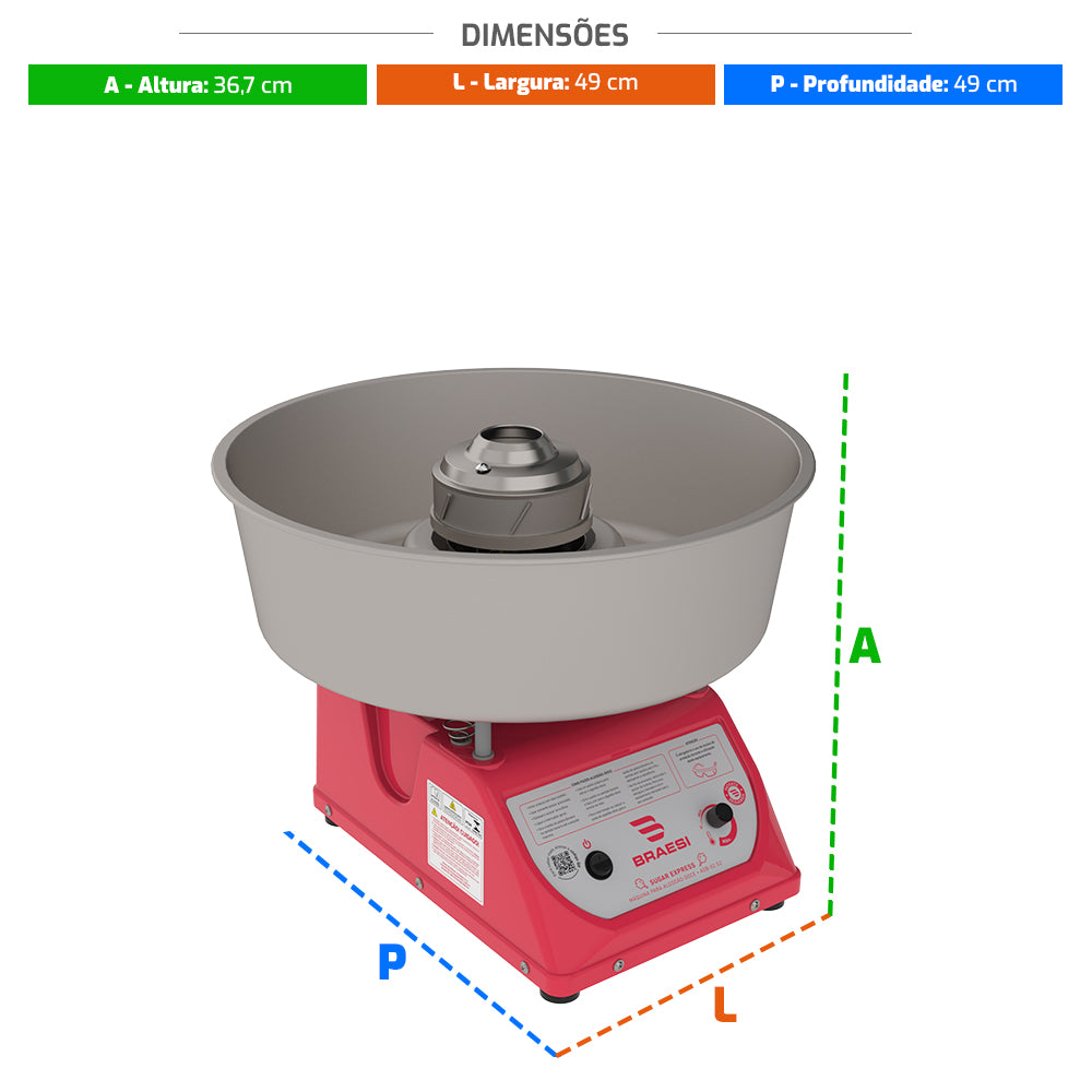 Diagrama com as dimensões da máquina de algodão doce Braesi ADB-02 G2 (A: 36,7cm, L: 49cm, P: 49cm), auxiliando no planejamento do espaço.