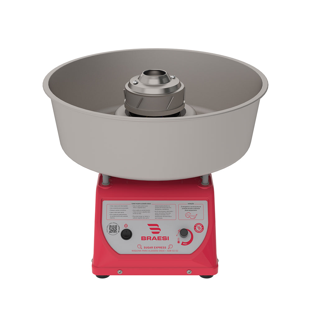 Máquina de algodão doce Braesi ADB-02 G2 com instruções de uso, controle de potenciômetro e painel para ligar/desligar o motor.