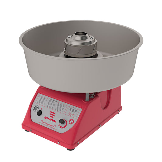 Máquina de algodão doce profissional Braesi ADB-02 G2, com bacia em alumínio e estrutura em polímero vermelho, ideal para eventos.