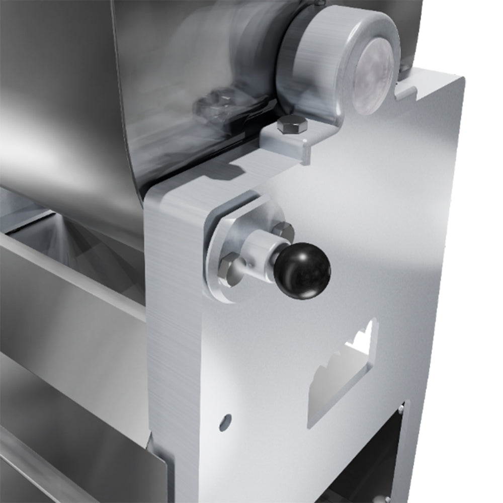 Máquina Misturador de Carne MMS-50I, com operação manual do basculamento e construído em aço inox para fácil limpeza.