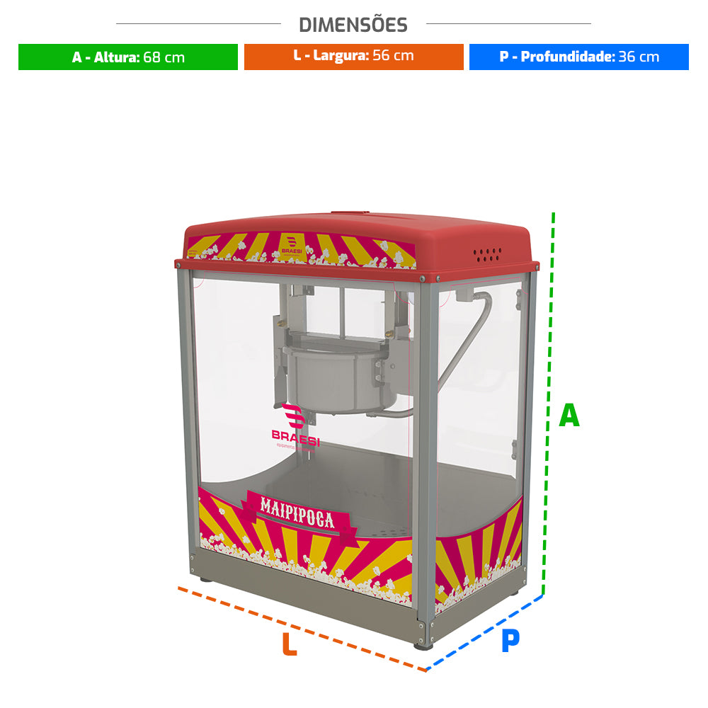 Diagrama com as dimensões (Altura: 68cm, Largura: 56cm, Profundidade: 36cm) da máquina de pipoca Braesi BMP-150, para auxiliar no planejamento de espaço.