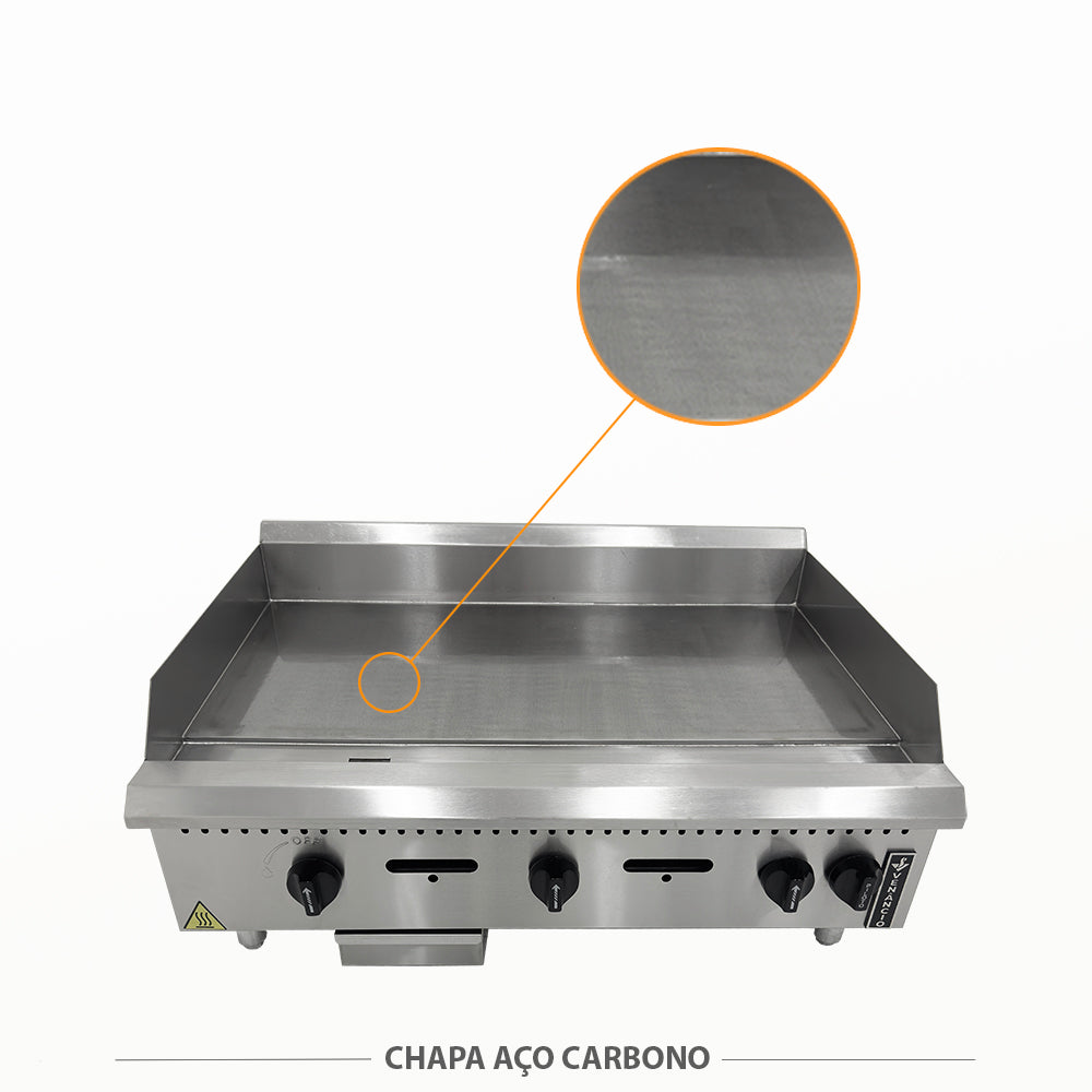 Detalhe da chapa em aço carbono de 19mm da bifeteira profissional Venâncio PCM090G, destacando a durabilidade e alta capacidade de retenção de calor.