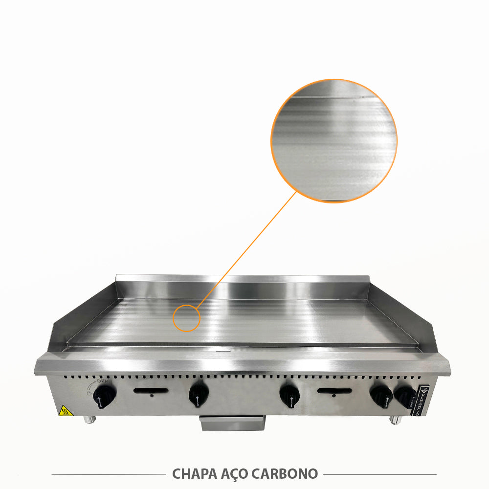  Detalhe da chapa em aço carbono de 8mm da bifeteira profissional Venâncio PCM120G, destacando a durabilidade e eficiência para o preparo de grelhados em alta demanda.