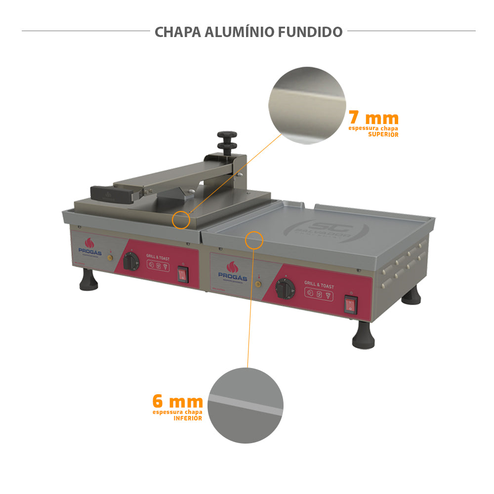 Detalhe da chapa de alumínio fundido e estrutura em inox da Prensa Progás PRA-45EC