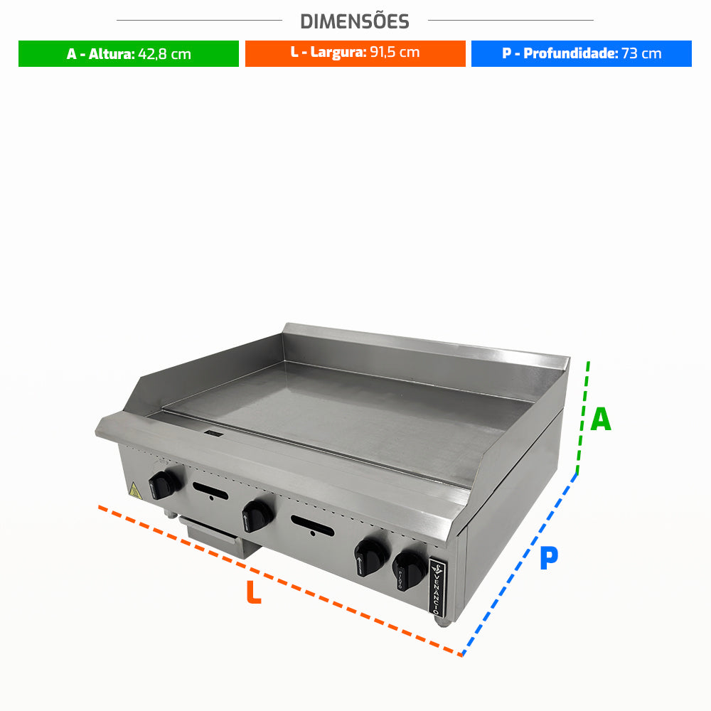 Dimensões da chapa bifeteira profissional a gás Venâncio PCM090G de 90cm, exibindo altura, largura e profundidade para planejamento em cozinhas comerciais e grandes estabelecimentos.