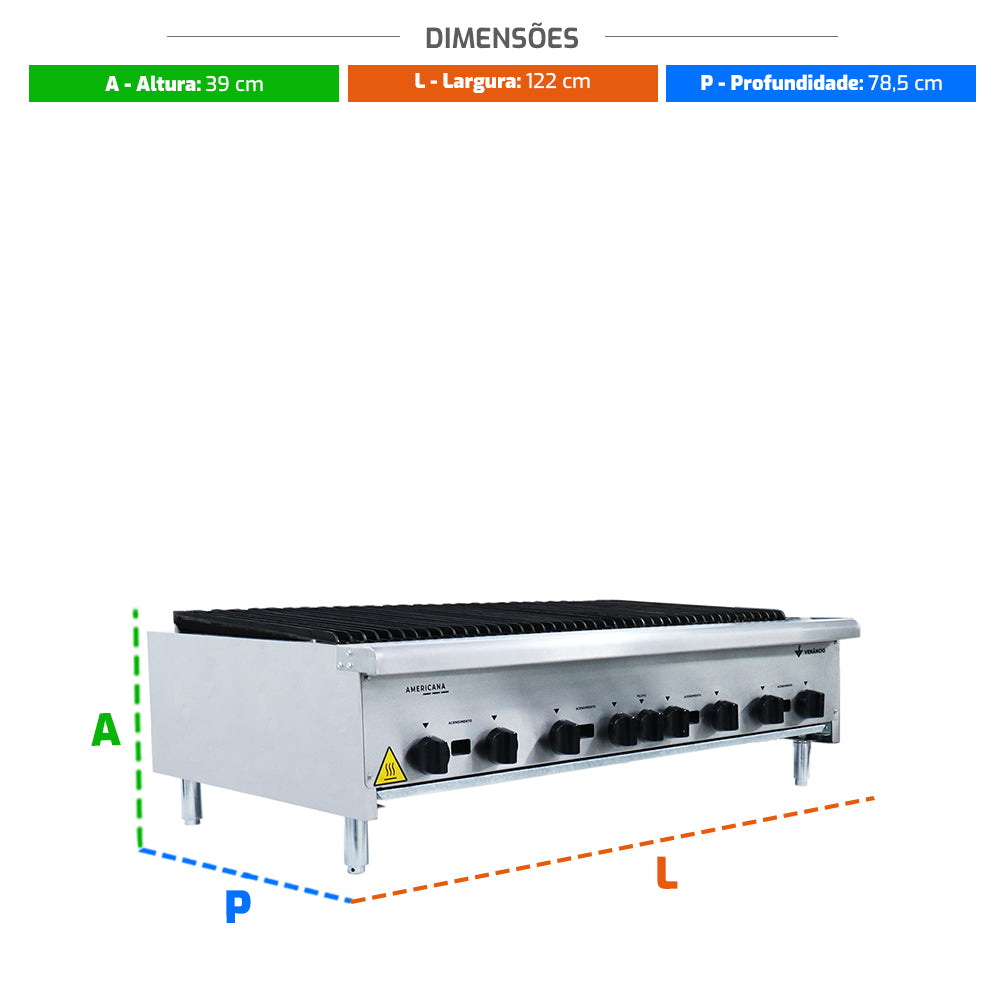 Medidas da chapa charbroiler Venâncio CGG120 a gás, ideal para churrascarias e cozinhas industriais de alto volume