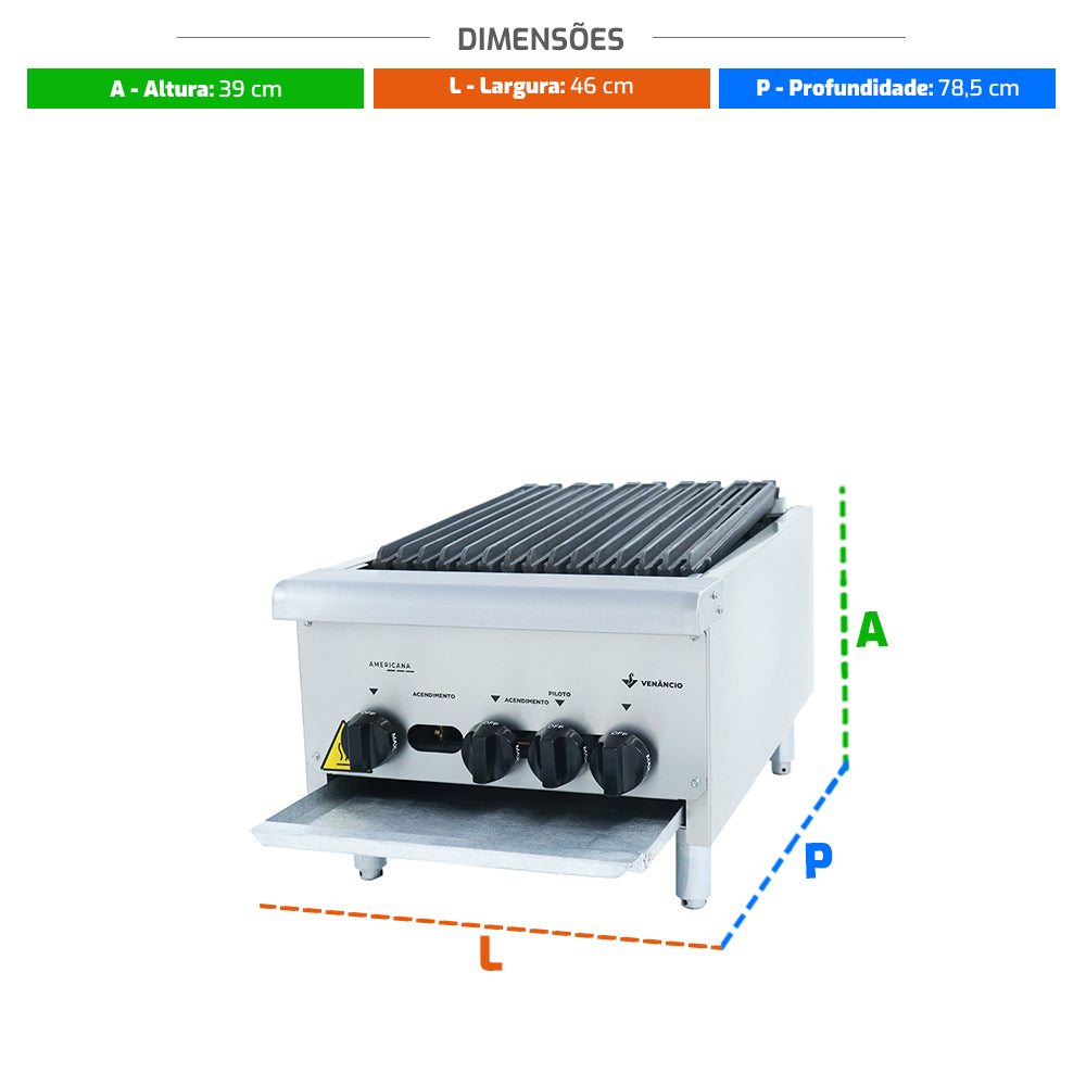 Medidas da chapa charbroiler Venâncio CGG45 a gás, ideal para bares e lanchonetes de alta demanda