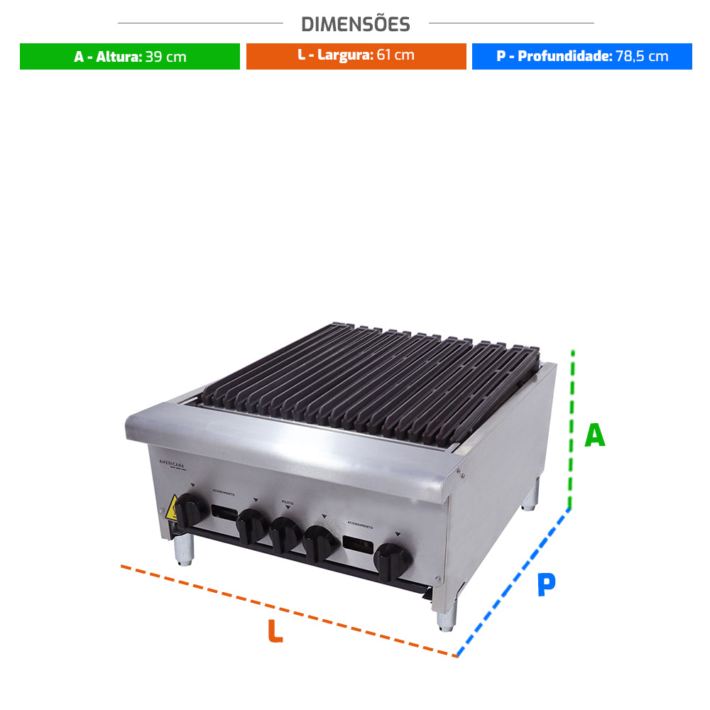 Medidas da chapa charbroiler Venâncio CGG60 a gás, ideal para lanchonetes e estabelecimentos que preparam carnes grelhadas