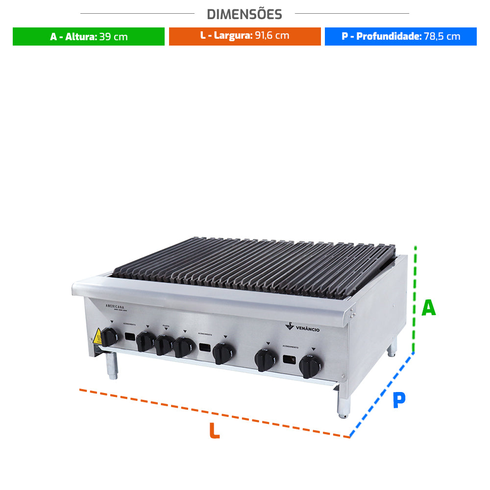 Medidas da chapa charbroiler Venâncio CGG90 a gás, ideal para churrascarias e estabelecimentos que preparam grelhados em volume