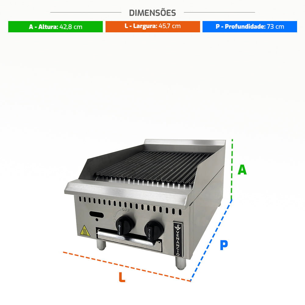 Medidas da chapa grill char broiler Venâncio PCG045G a gás, perfeita para lanchonetes e espaços comerciais
