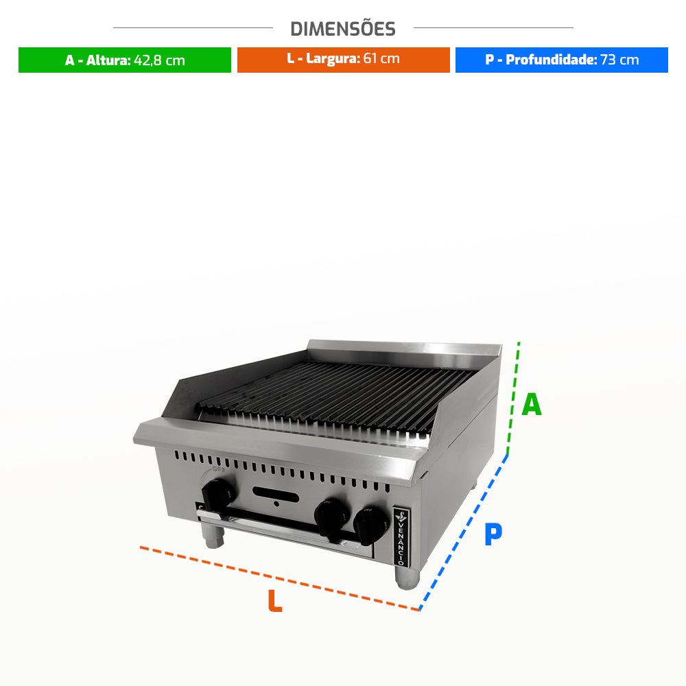 Medidas da chapa grill char broiler Venâncio PCG060G a gás, ideal para churrascarias e cozinhas industriais