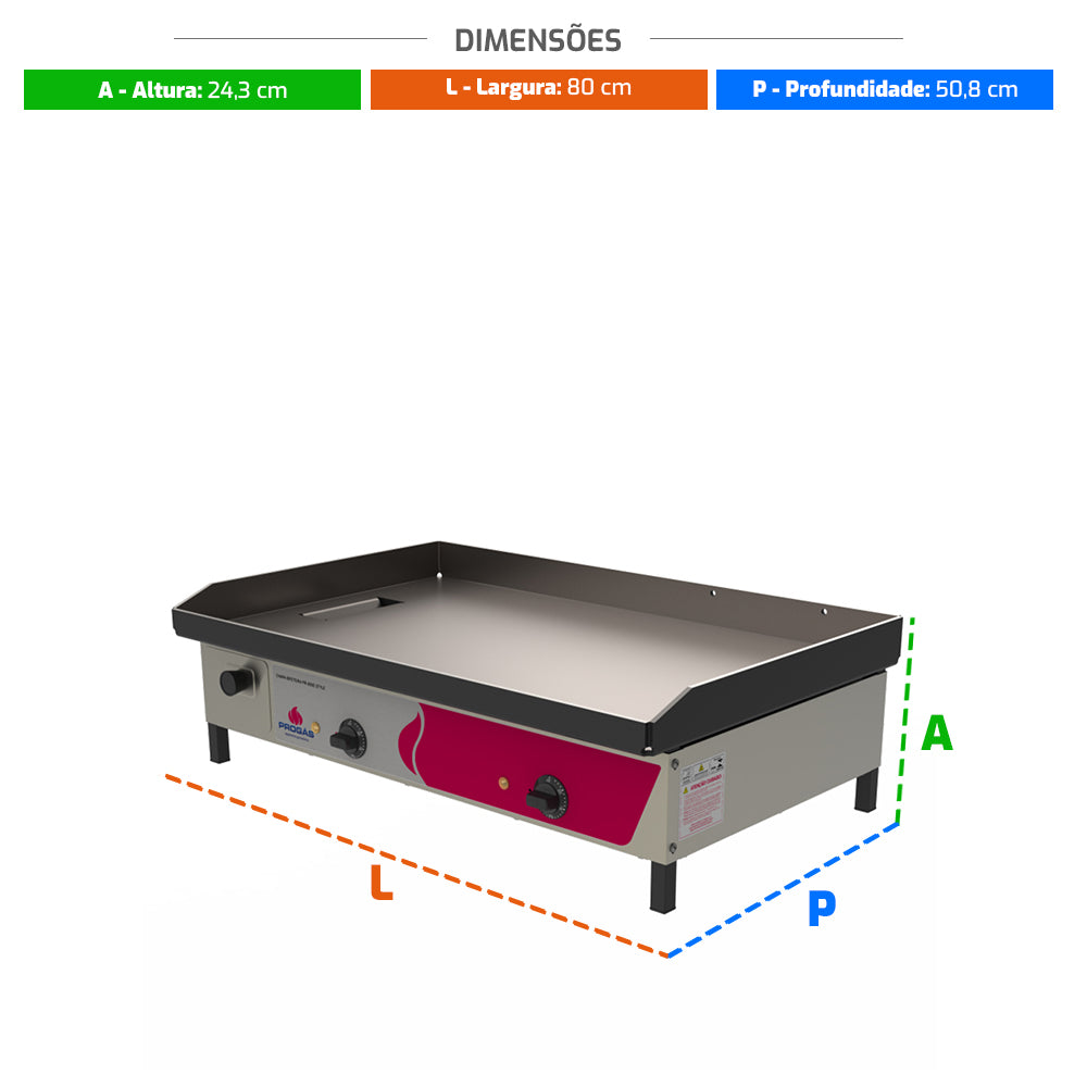 Medidas e dimensões da Chapa Lanche Elétrica Progás PR800E 220V em inox
