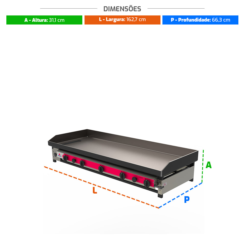 Medidas da chapa lanche Progás PR-1600 G a gás, ideal para otimização de espaço em cozinhas profissionais