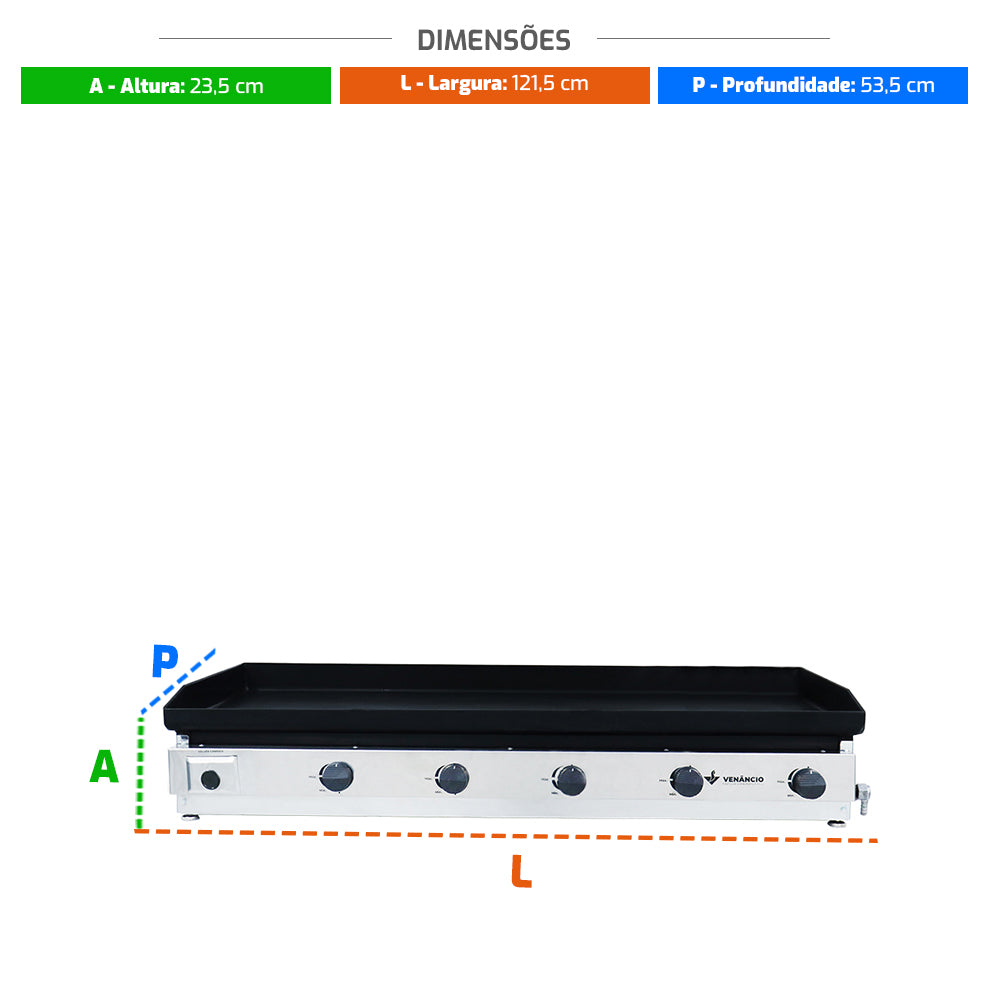 Medidas da chapa de lanche Venâncio C120 a gás, ideal para restaurantes e estabelecimentos de grande porte