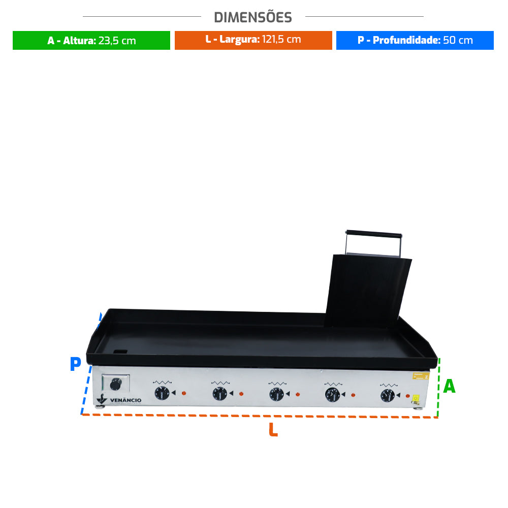 Medidas e dimensões da Chapa Prensa Bifeteira Sanduicheira Venâncio CE120P 220V: 121cm de largura por 50cm de profundidade.