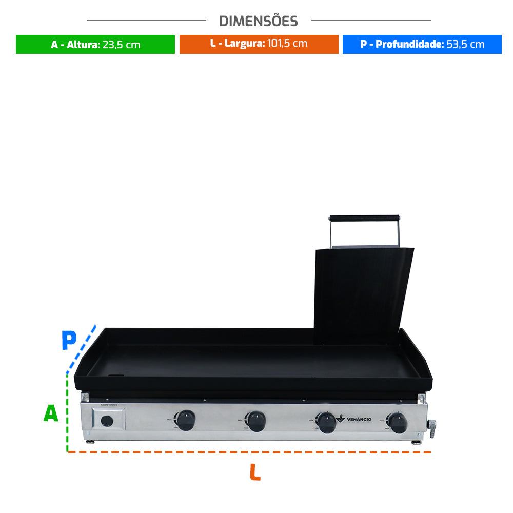Medidas da chapa sanduicheira Venâncio C100P a gás de 100cm, perfeita para lanchonetes de alto volume e uso profissional