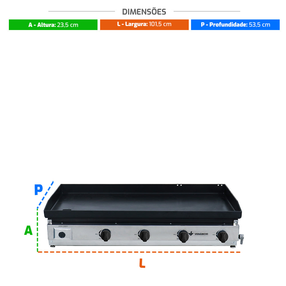 Medidas da chapa Venâncio C100 a gás, ideal para espaços comerciais como food trucks e lanchonetes